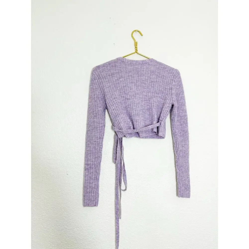 NWT Urban Outfitters Bibi Wrap Sweater Top Size Small Purple Knit Crop Ballerina